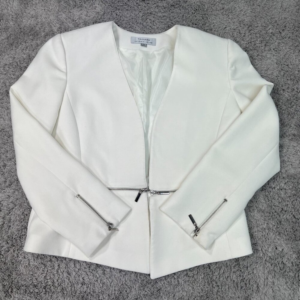 Tahari Arthur S Levine Blazer Women 14 White Solid Zipper Jacket